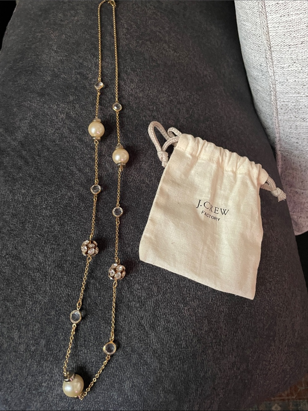 J. Crew Factory Gold Long Necklace with Pearls and Crystal Beads